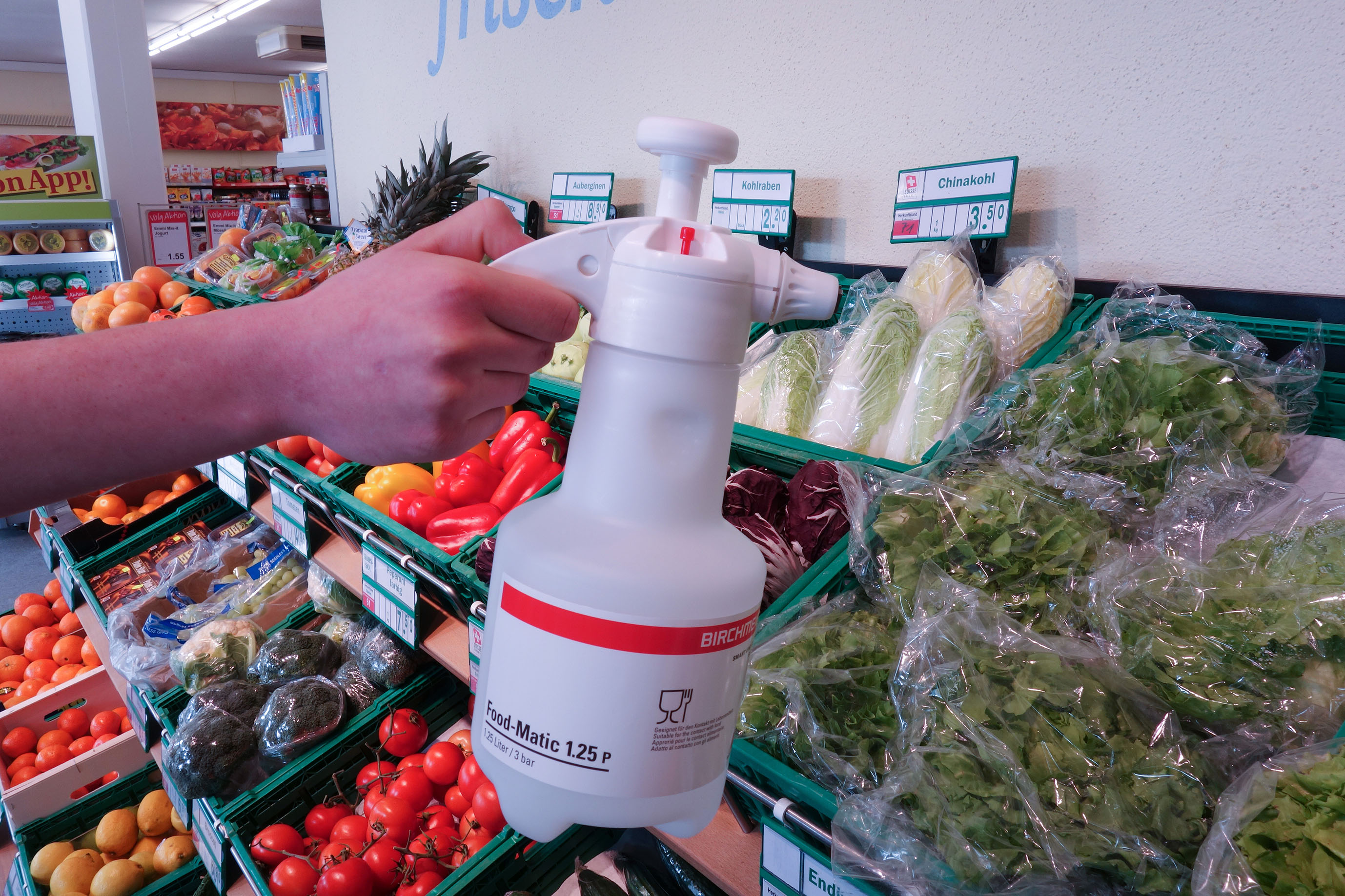 Druckspeicher-Sprühgerät, lebensmittelecht, geeignet für den Kontakt mit Lebensmitteln, Flachstrahldüse, Food-Matic 1.25 P von Birchmeier