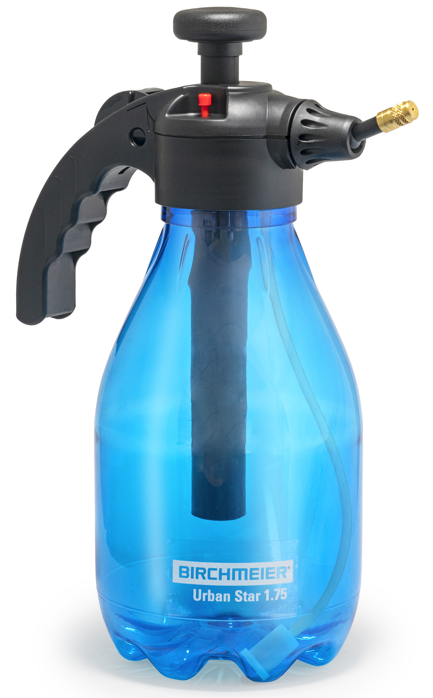 blaues Sprühgerät für die Behandlung von Pflanzen in Hochbeeten und Balkonkäste